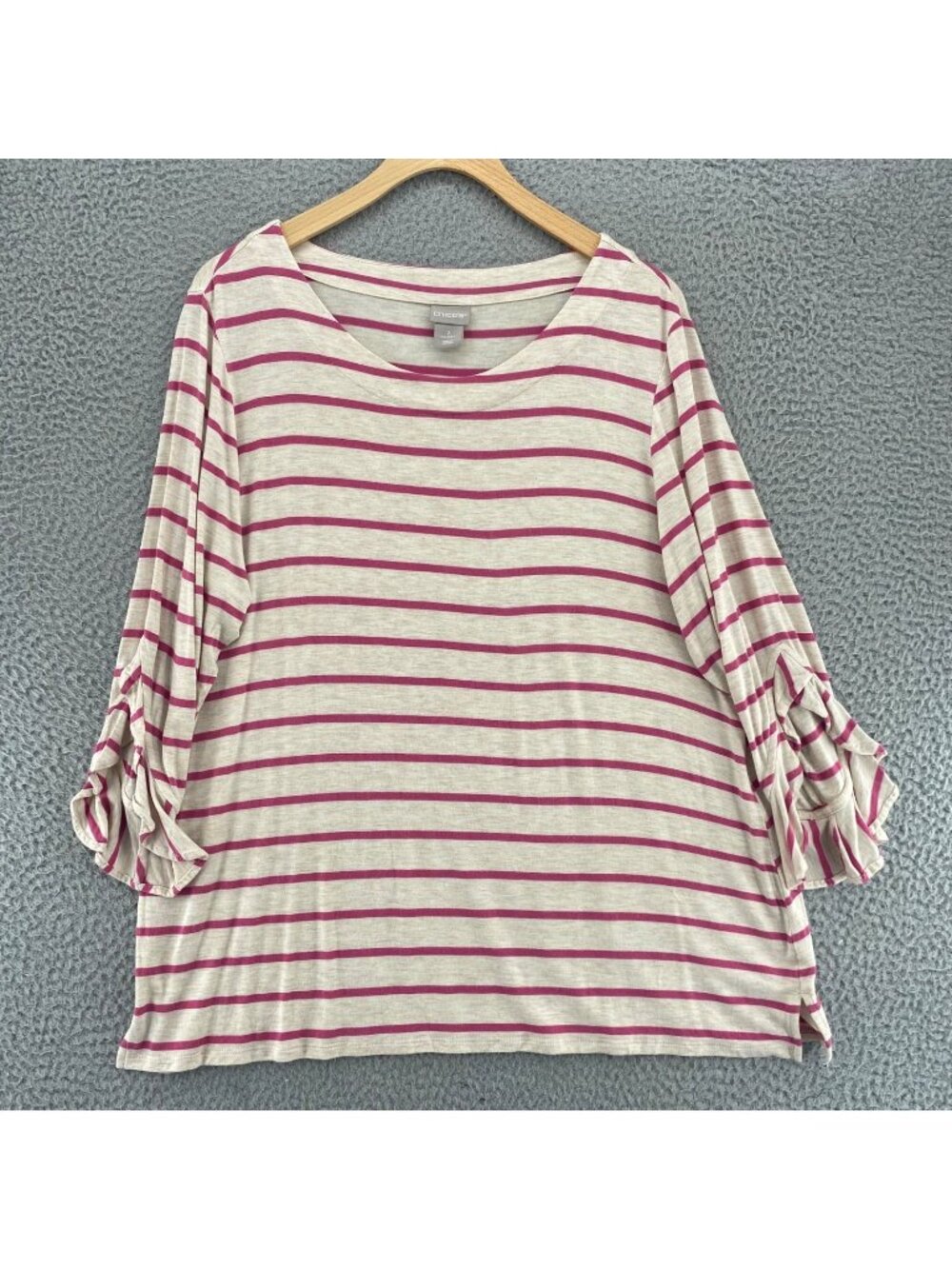 Chicos Top Womens 2 US Large Pink Striped Stretch Knit 3/4 Bell Sleeves Tunic